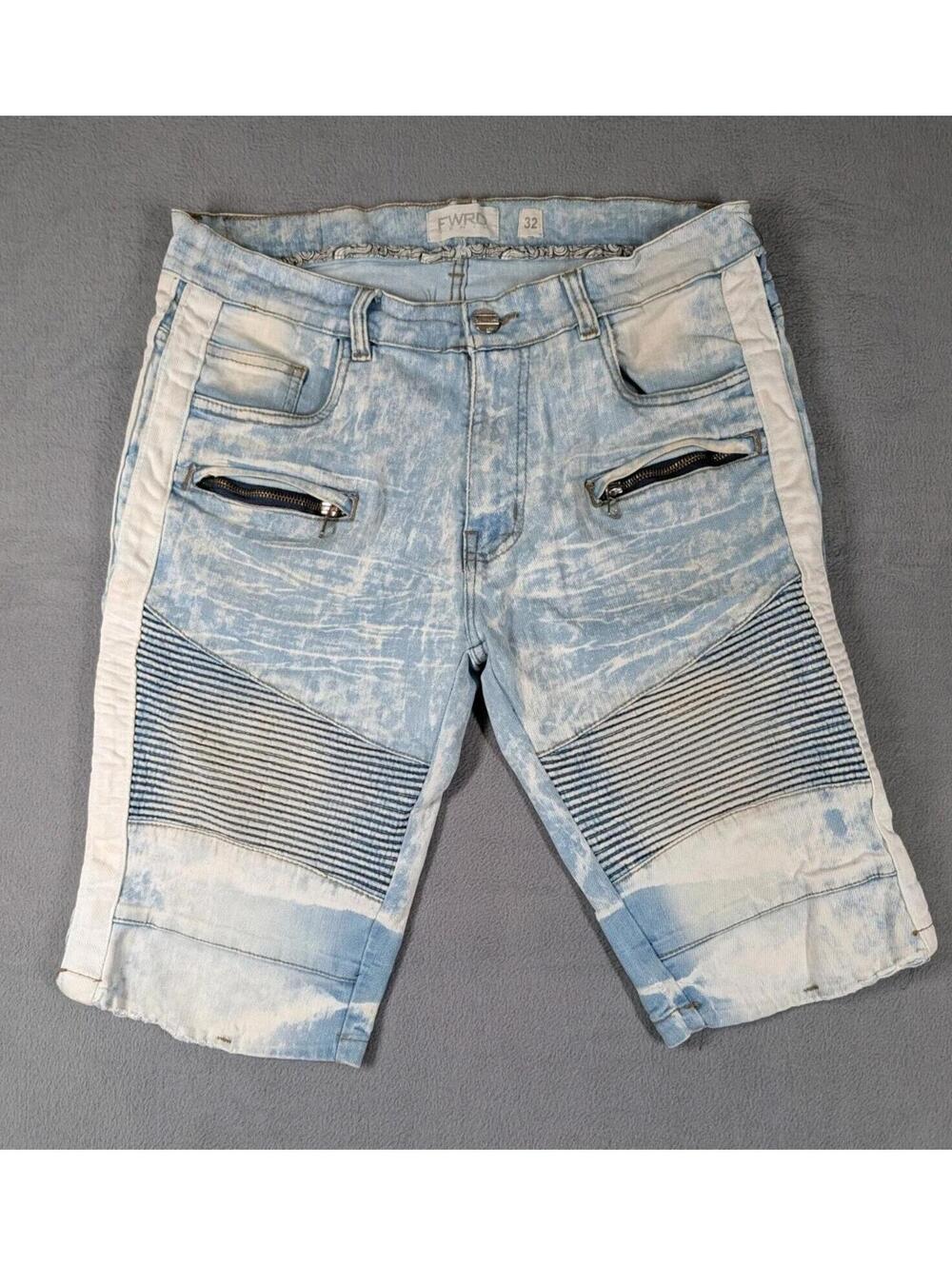 FWRD Mens 32 Light Wash Moto Denim Shorts Biker Zip Panel Streetwear Trend
